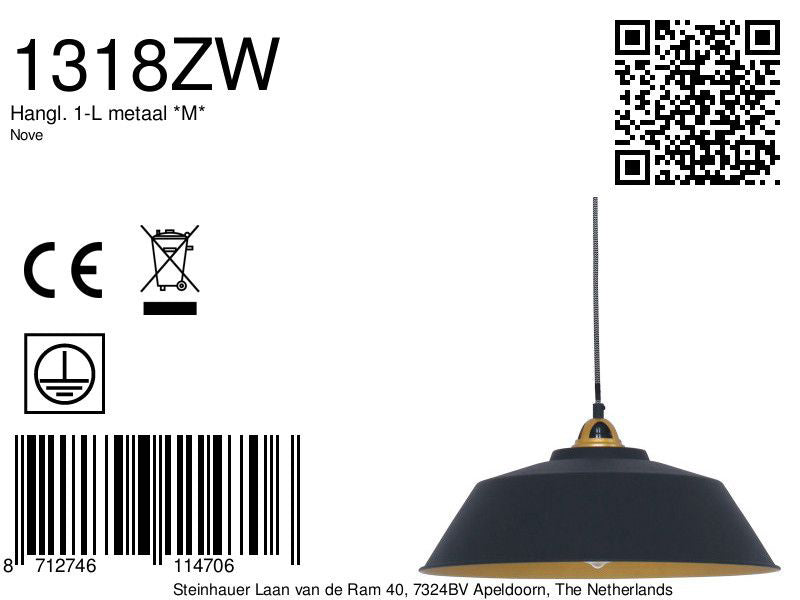 Hanglamp Nove 1318ZW zwart/goud met warme luxe uitstraling