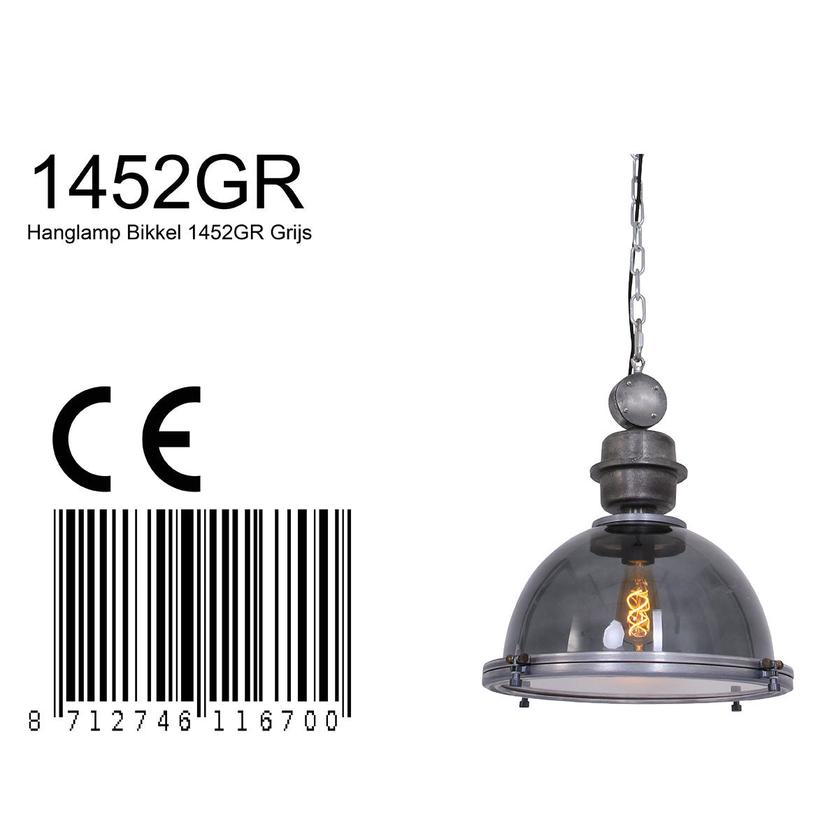 Hanglamp Bikkel 1452GR - grijze glazen hanglamp met karakter