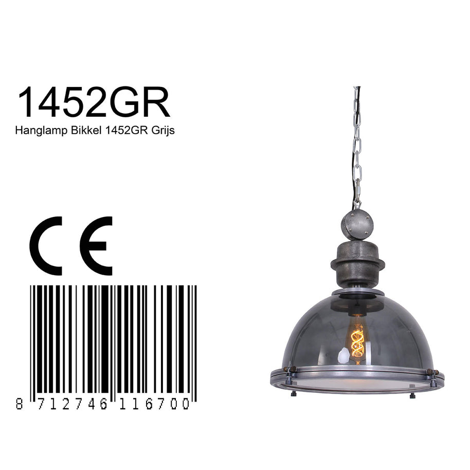 Hanglamp Bikkel 1452GR - grijze glazen hanglamp met karakter