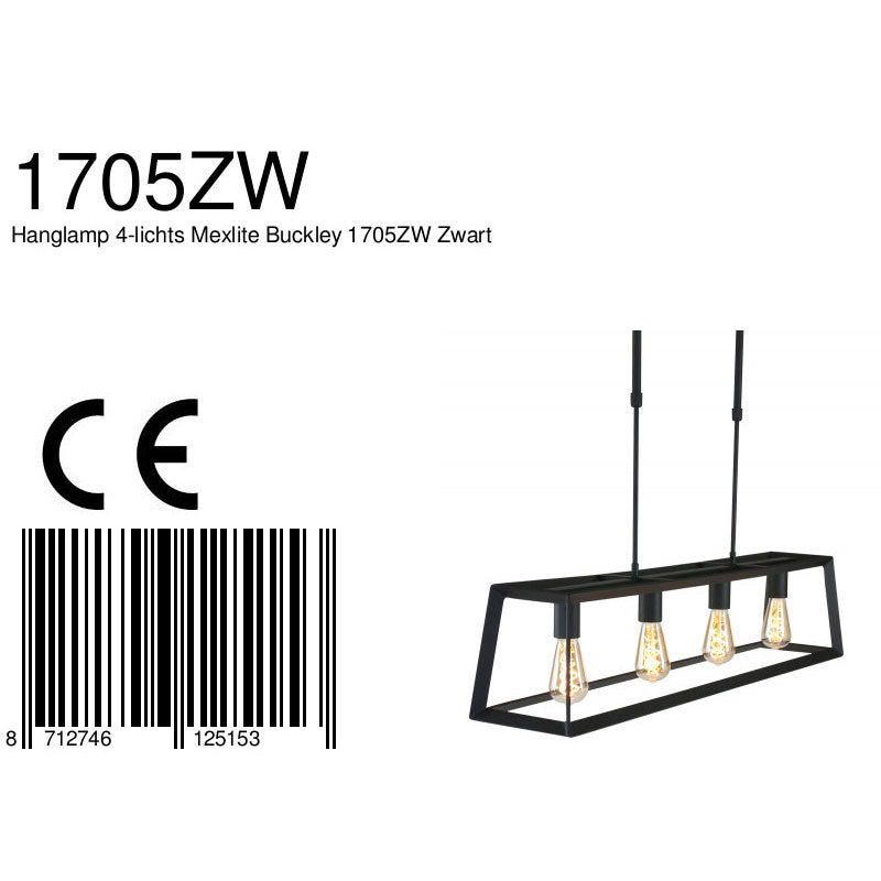 Zwarte hanglamp Buckley 1705ZW met 4 x E27-fitting