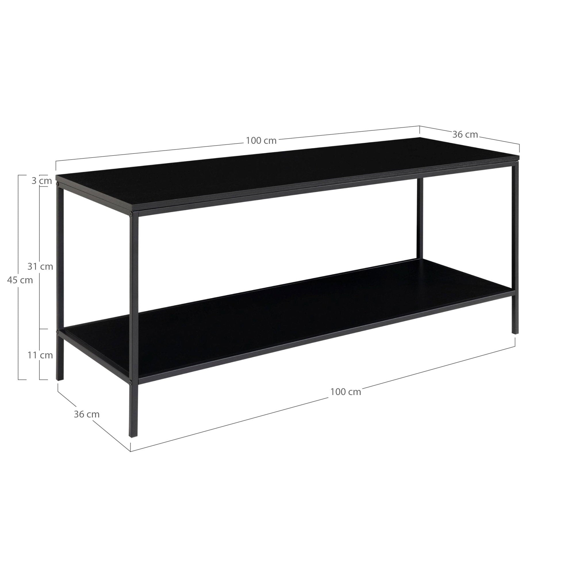 Vita TV-stand - TV-stand, 2 planken, zwart, zwart frame 100x36x45 cm