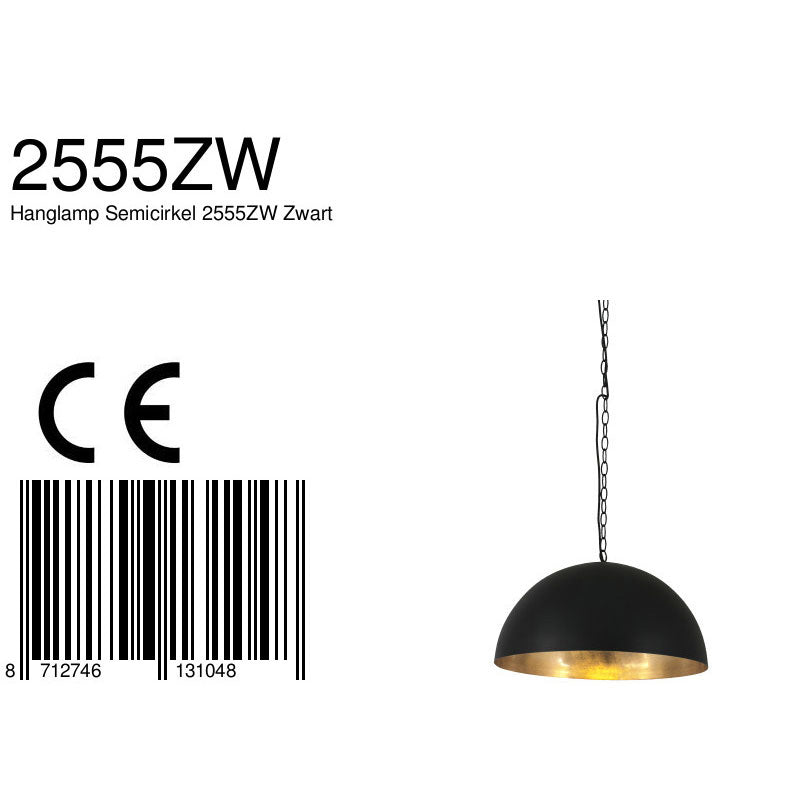 Hanglamp Semicirkel 2555ZW zwarte bol met gouden binnenkant