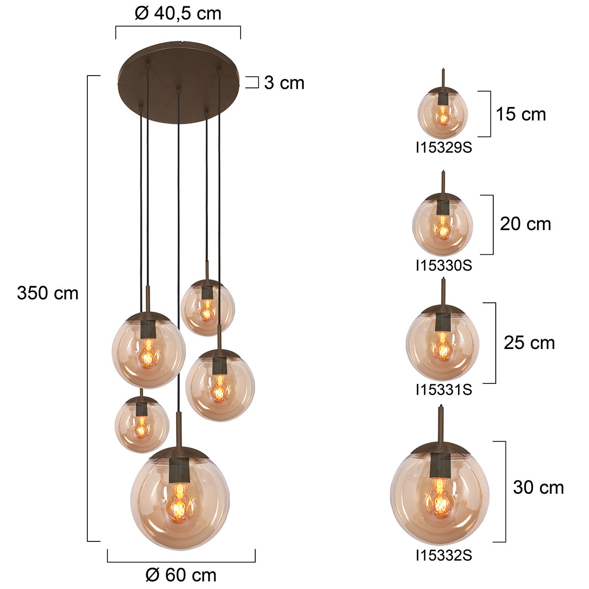 Hanglamp Bollique 2730CA cacao, 5-lichts lamp met amberkleurig glas
