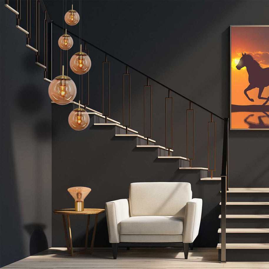 Hanglamp Bollique 2730ME messing, 5-lichts met amberkleurig glas