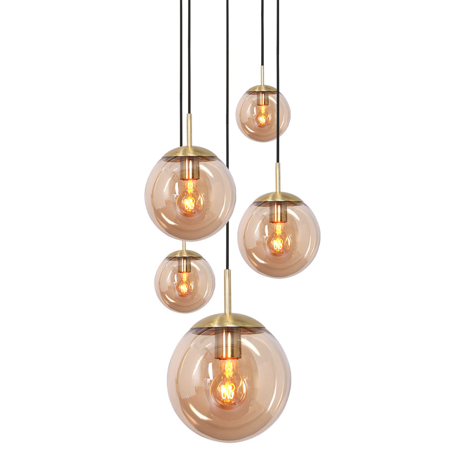 Hanglamp Bollique 2730ME messing, 5-lichts met amberkleurig glas