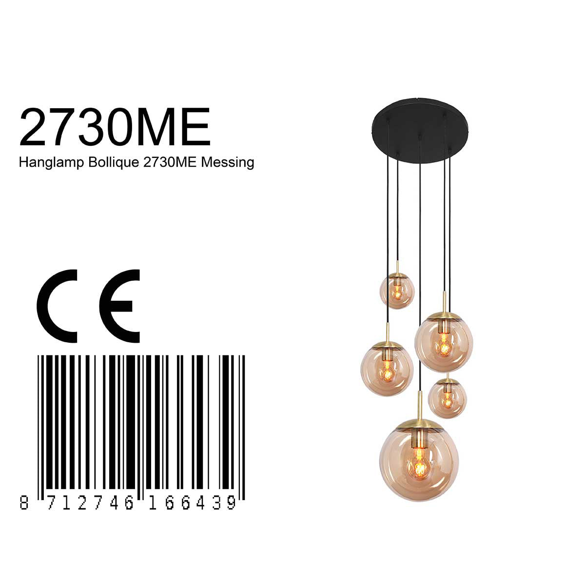 Hanglamp Bollique 2730ME messing, 5-lichts met amberkleurig glas