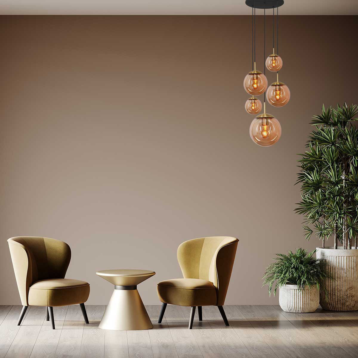 Hanglamp Bollique 2730ME messing, 5-lichts met amberkleurig glas