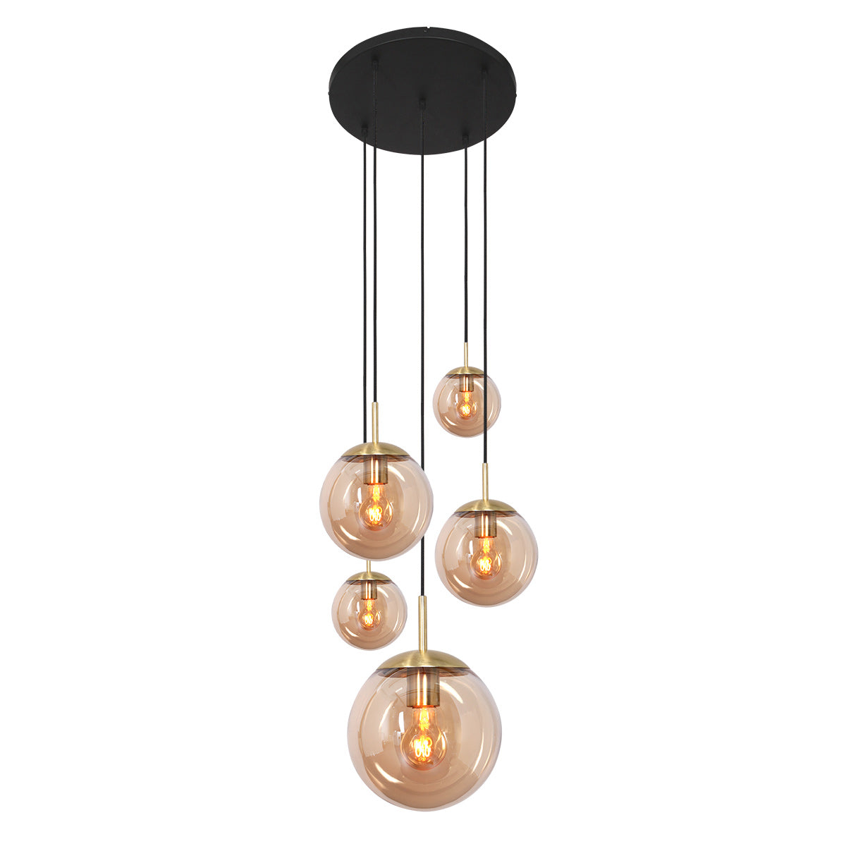 Hanglamp Bollique 2730ME messing, 5-lichts met amberkleurig glas