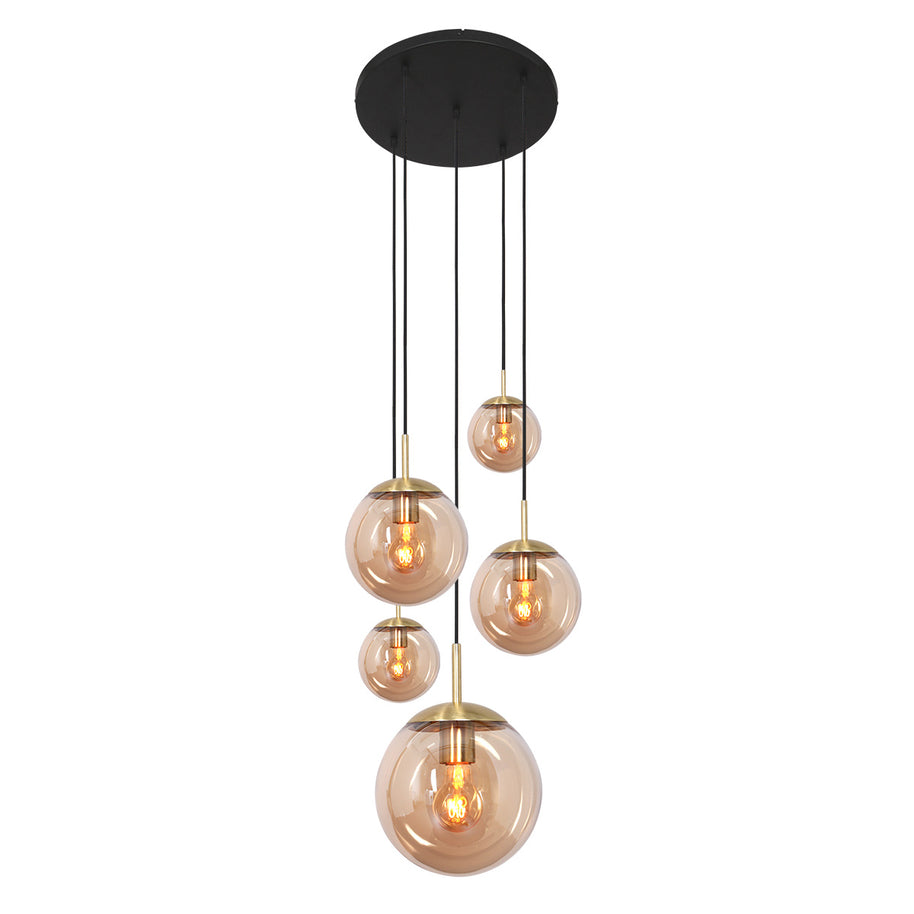 Hanglamp Bollique 2730ME messing, 5-lichts met amberkleurig glas