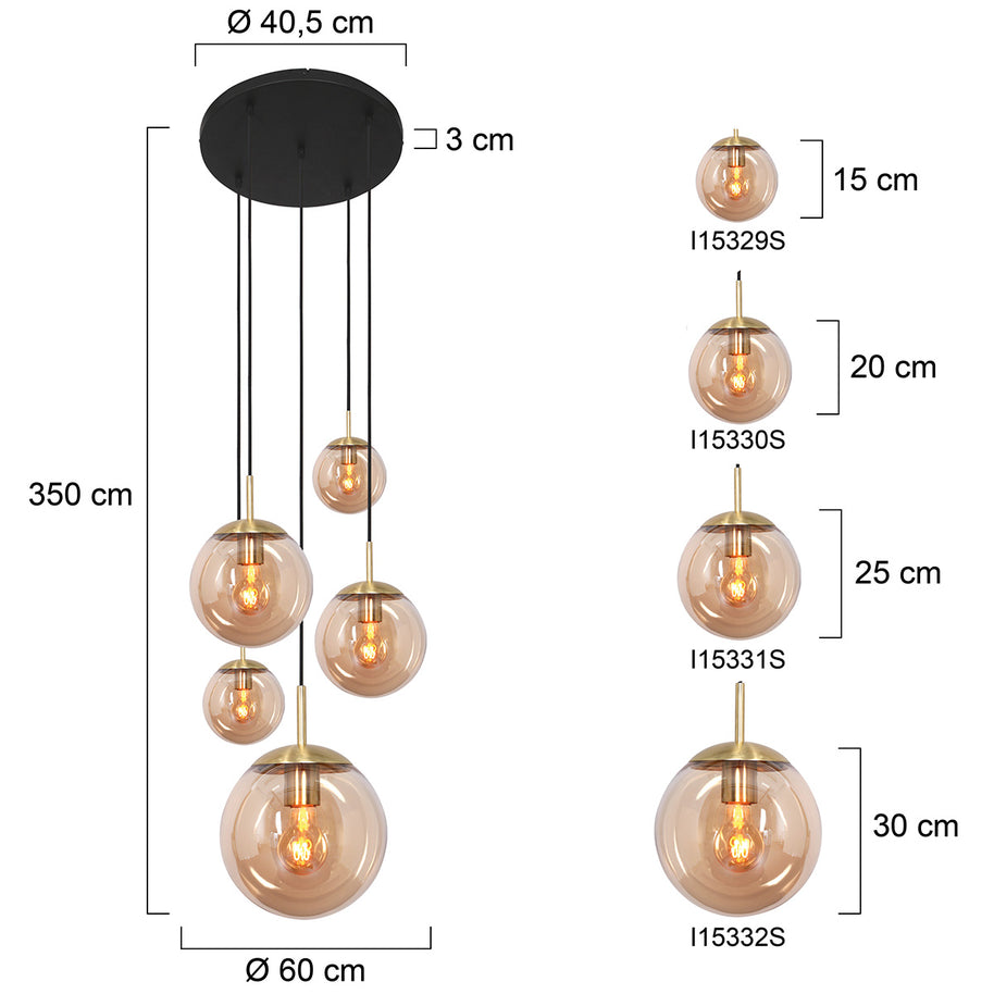 Hanglamp Bollique 2730ME messing, 5-lichts met amberkleurig glas