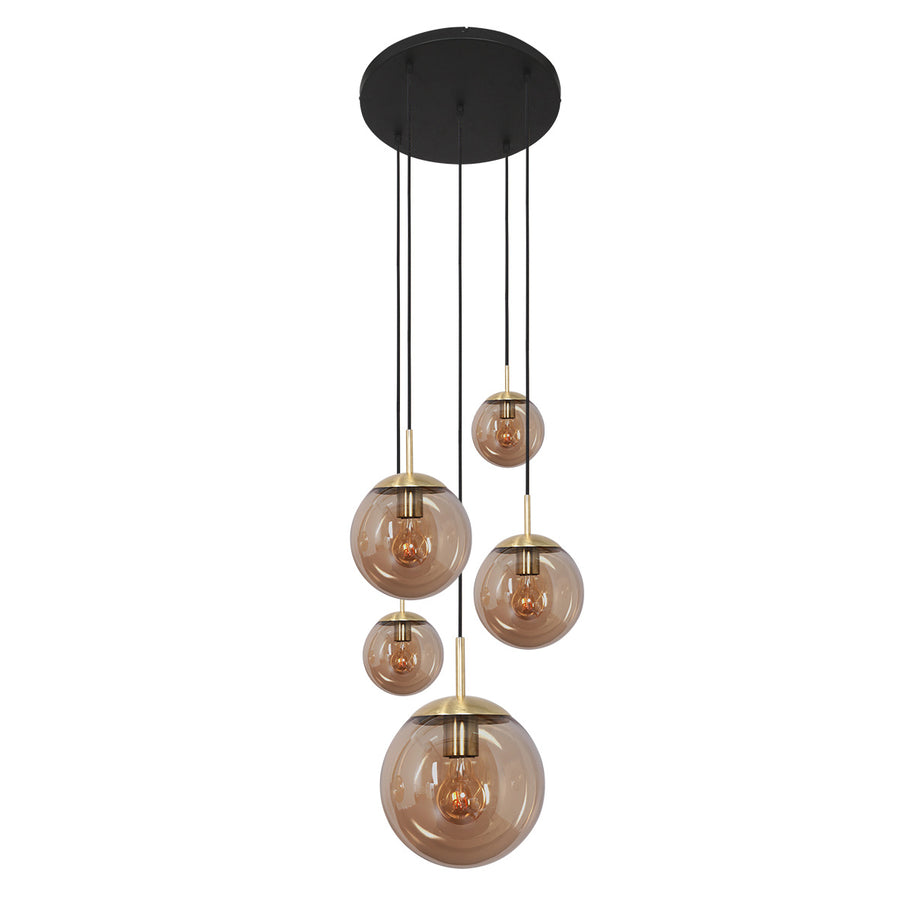 Hanglamp Bollique 2730ME messing, 5-lichts met amberkleurig glas