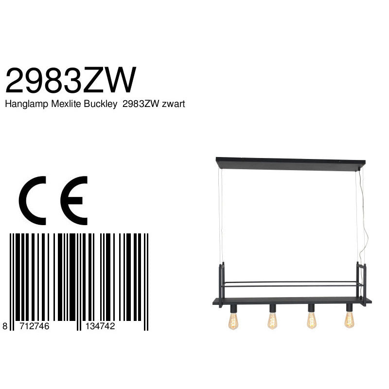 Zwarte hanglamp Buckley 2983ZW met plateau en 4 x E27-fitting