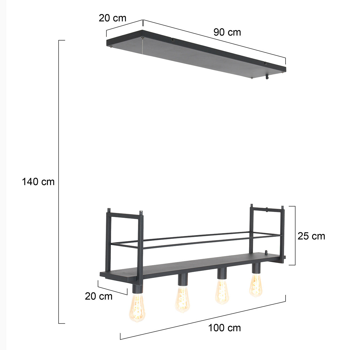 Zwarte hanglamp Buckley 2983ZW met plateau en 4 x E27-fitting