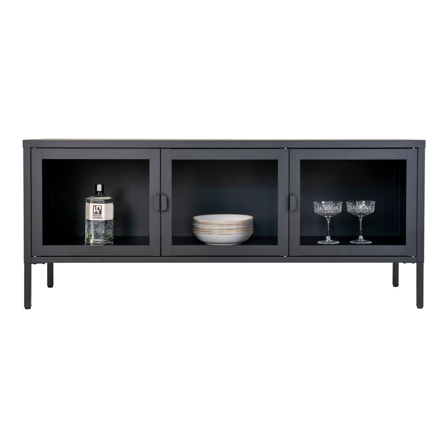 Brisbane tv-meubel - tv-meubel, 3 glazen deuren, staal, zwart 130x40x55 cm