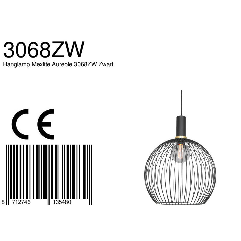 Hanglamp Aureole 3068ZW zwarte draadlamp met E27-fitting Ø45