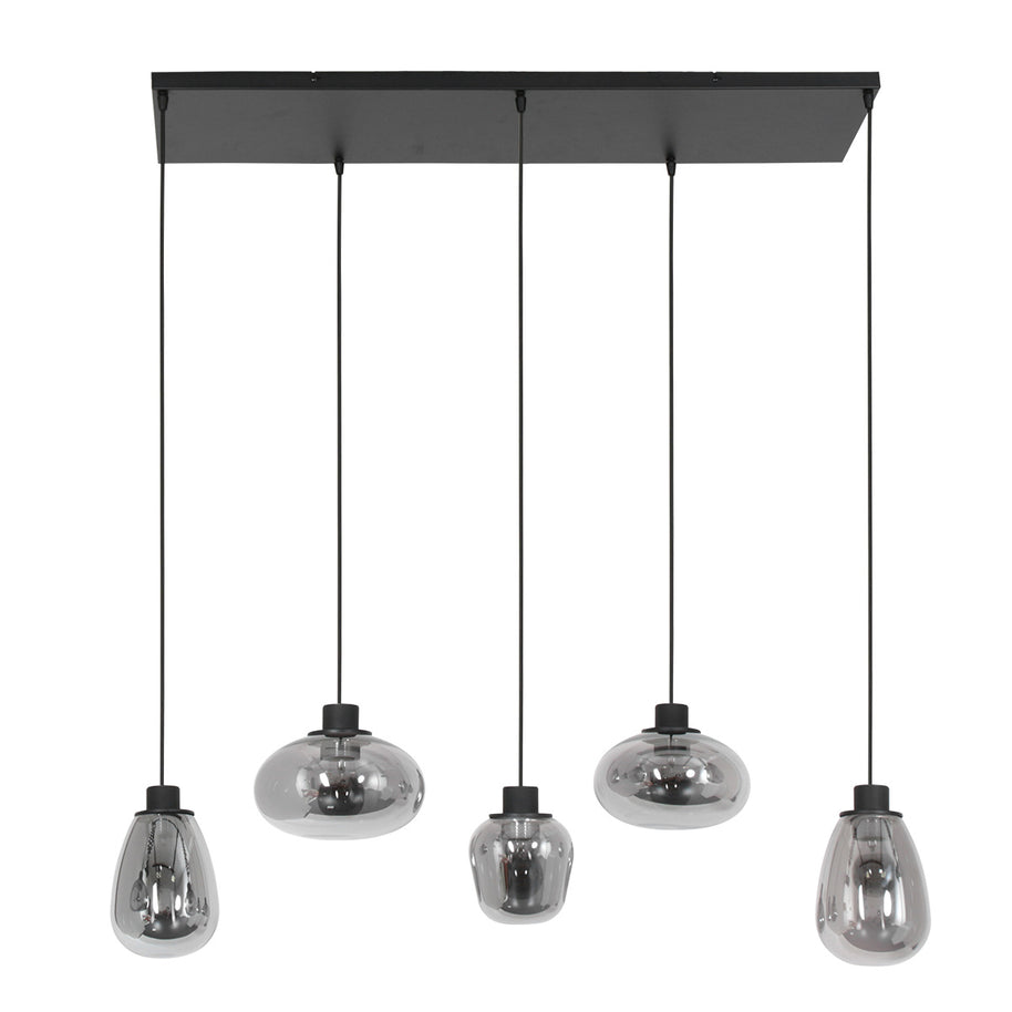 Hanglamp Reflexion 3078ZW zwarte 5-lichts lamp met smokeglas