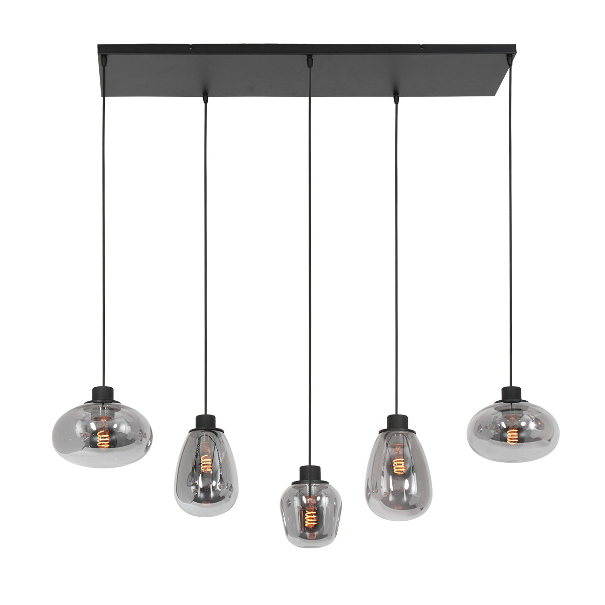 Hanglamp Reflexion 3078ZW zwarte 5-lichts lamp met smokeglas