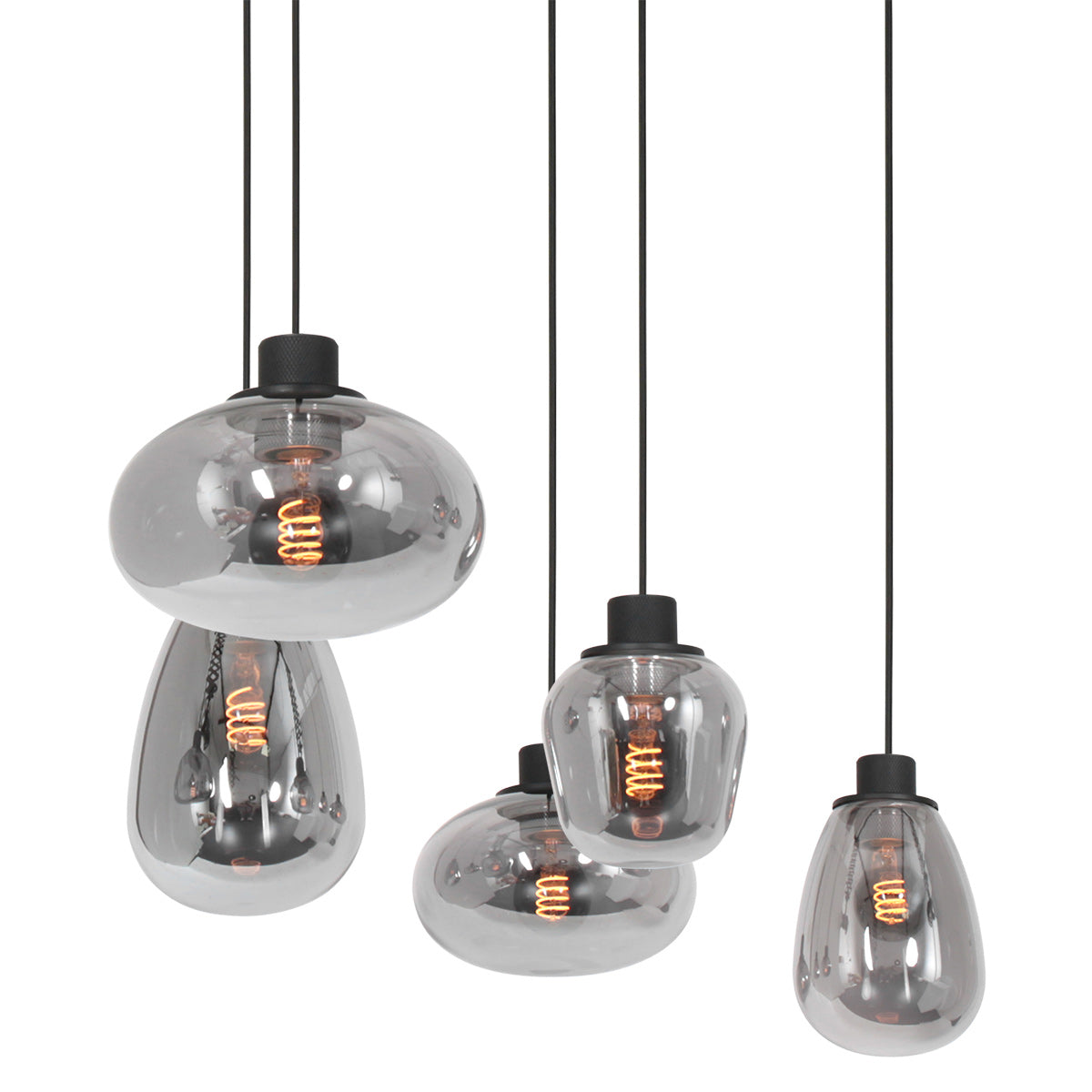 Hanglamp Reflexion 3078ZW zwarte 5-lichts lamp met smokeglas