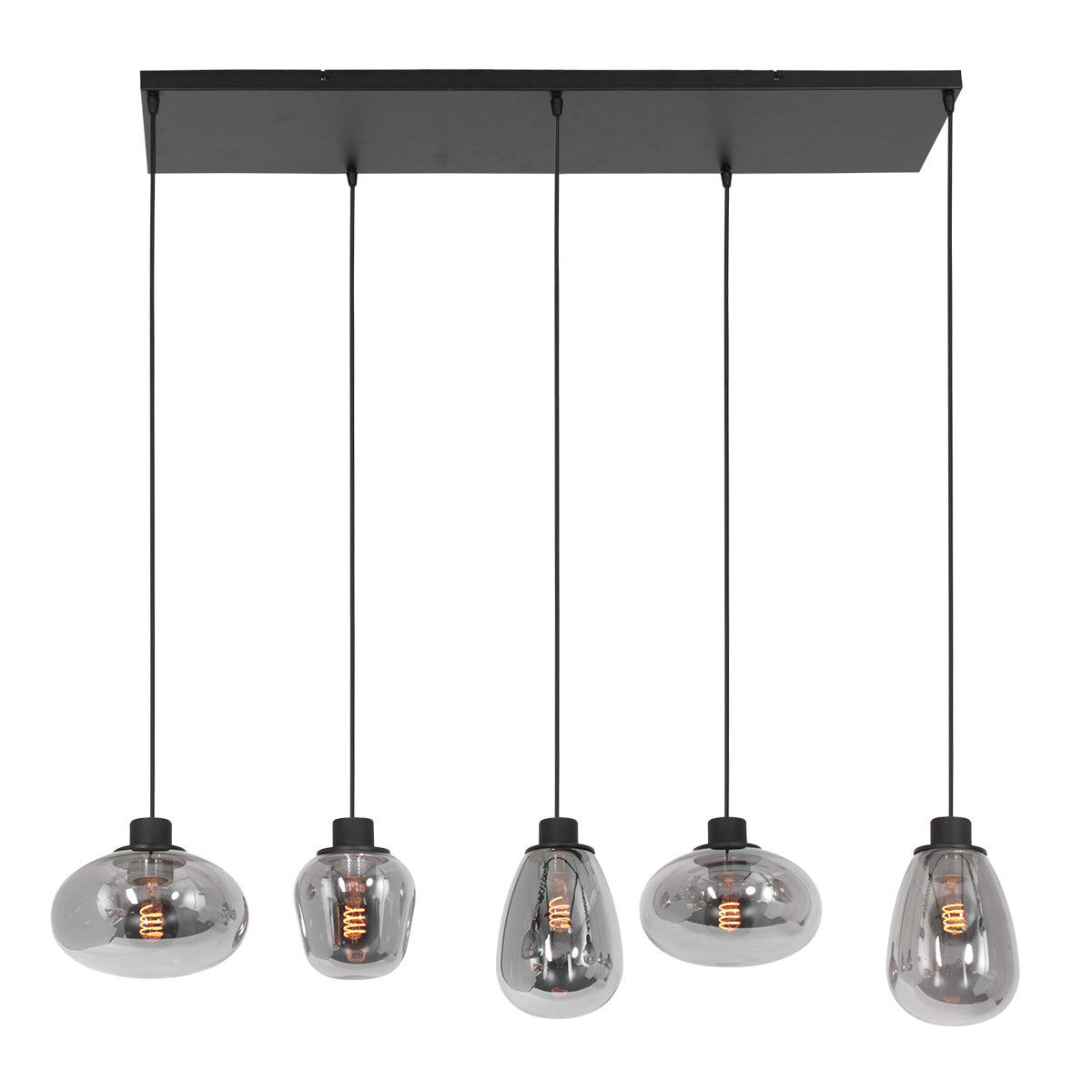 Hanglamp Reflexion 3078ZW zwarte 5-lichts lamp met smokeglas