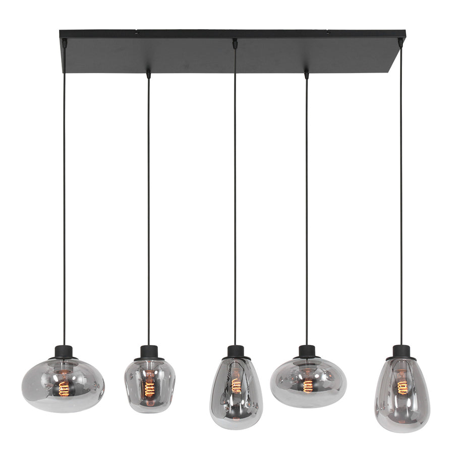 Hanglamp Reflexion 3078ZW zwarte 5-lichts lamp met smokeglas