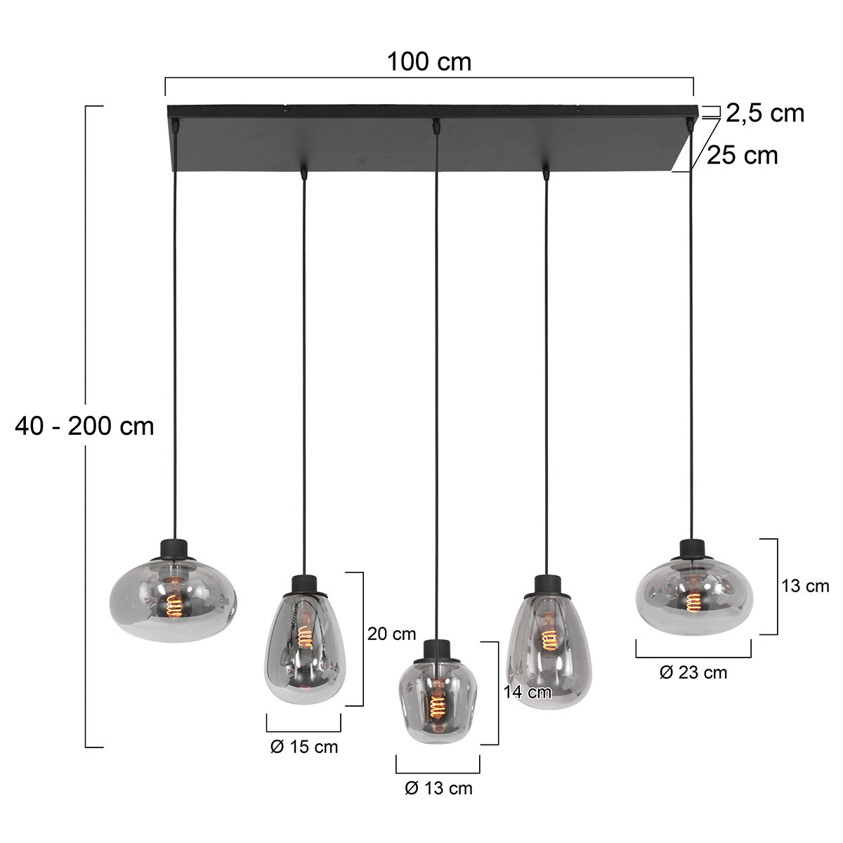 Hanglamp Reflexion 3078ZW zwarte 5-lichts lamp met smokeglas