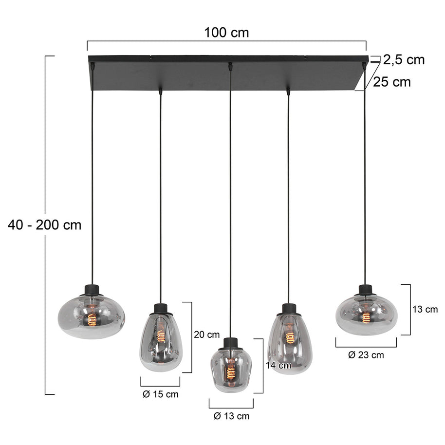 Hanglamp Reflexion 3078ZW zwarte 5-lichts lamp met smokeglas