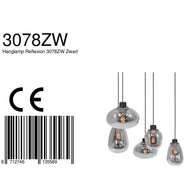 Hanglamp Reflexion 3078ZW zwarte 5-lichts lamp met smokeglas