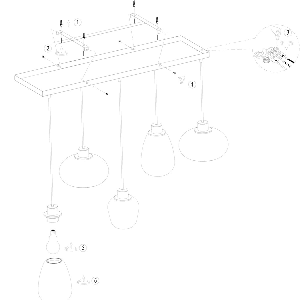 Hanglamp Reflexion 3078ZW zwarte 5-lichts lamp met smokeglas