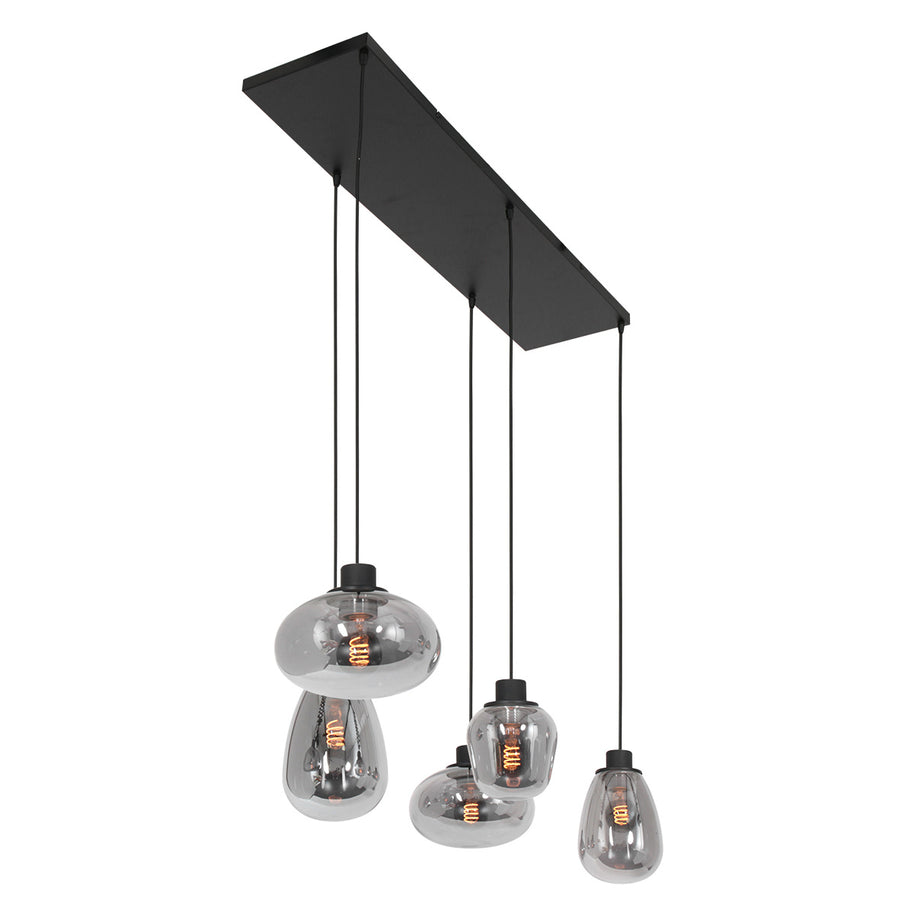 Hanglamp Reflexion 3078ZW zwarte 5-lichts lamp met smokeglas