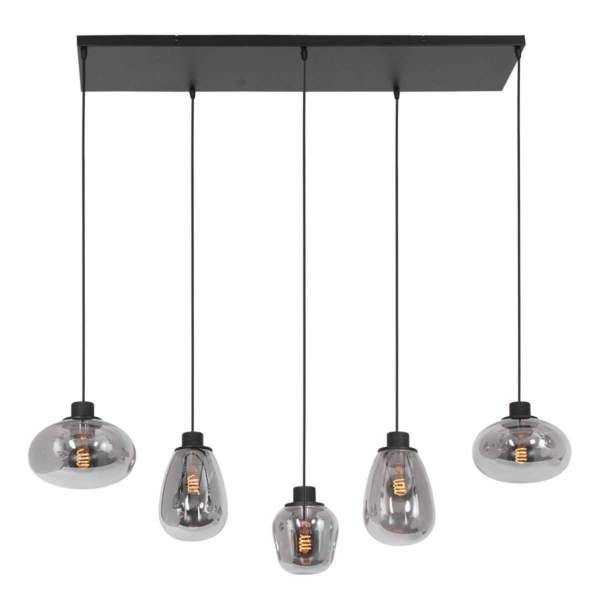 Hanglamp Reflexion 3078ZW zwarte 5-lichts lamp met smokeglas