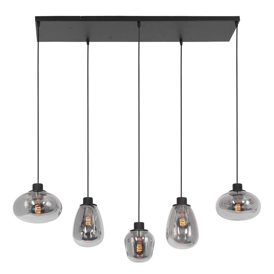 Hanglamp Reflexion 3078ZW zwarte 5-lichts lamp met smokeglas