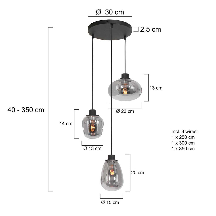 Hanglamp Reflexion 3079ZW zwarte 3-lichts videolamp met smokeglas