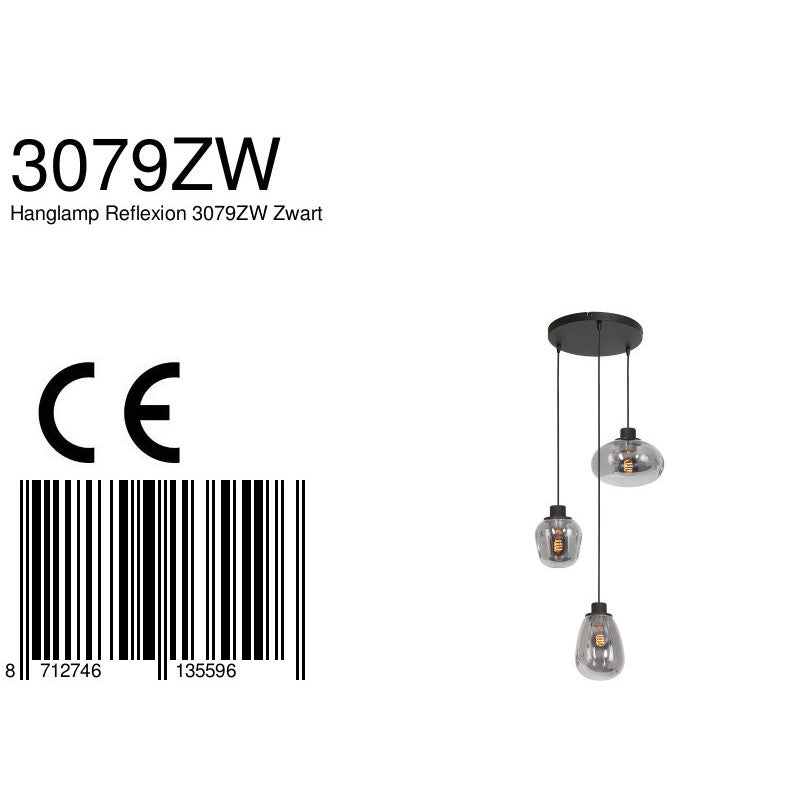 Hanglamp Reflexion 3079ZW zwarte 3-lichts videolamp met smokeglas
