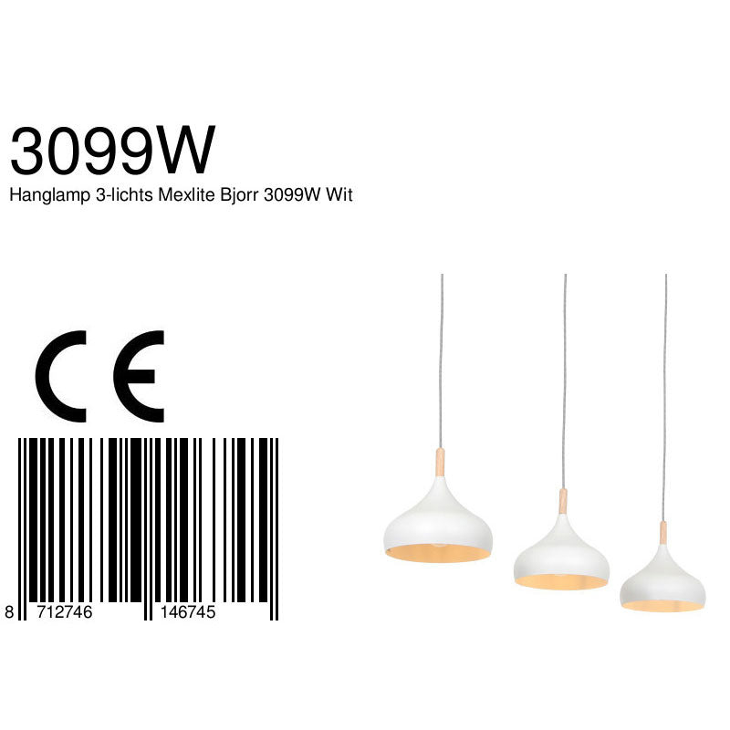 Hanglamp Bjorr 3099W – witte 3-lichtslamp met Scandinavische charme