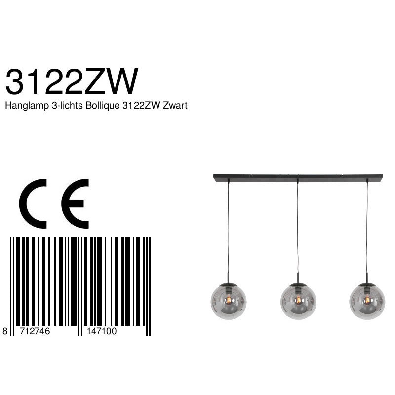 Hanglamp Bollique New 3122ZW zwart 3-lichts E27-fitting