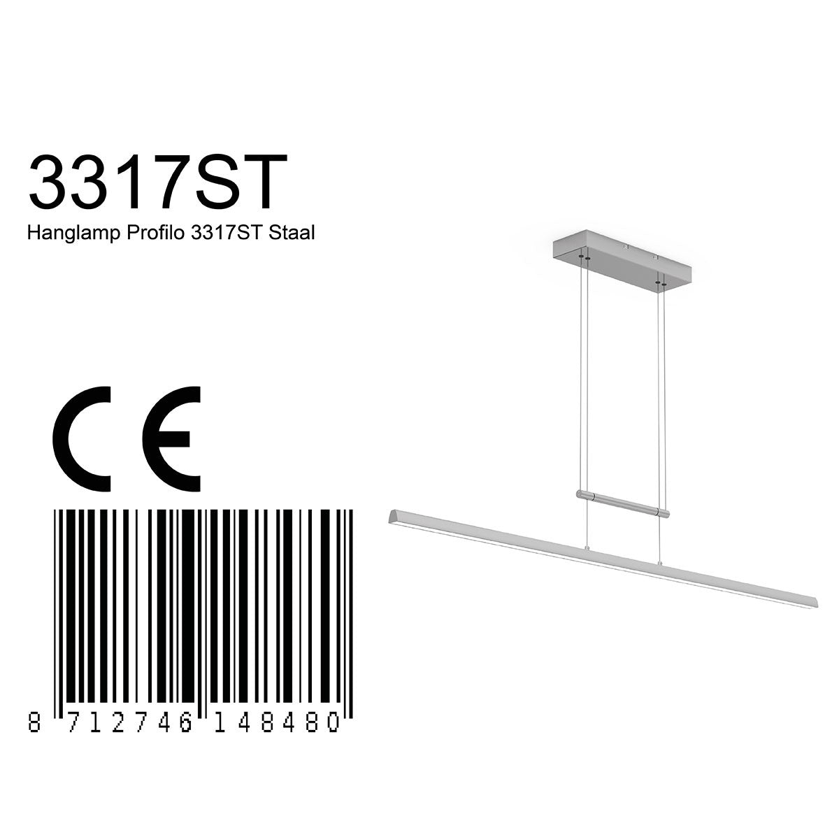 Hanglamp Profilo 3317ST staal 115 cm breed 1700 lumen