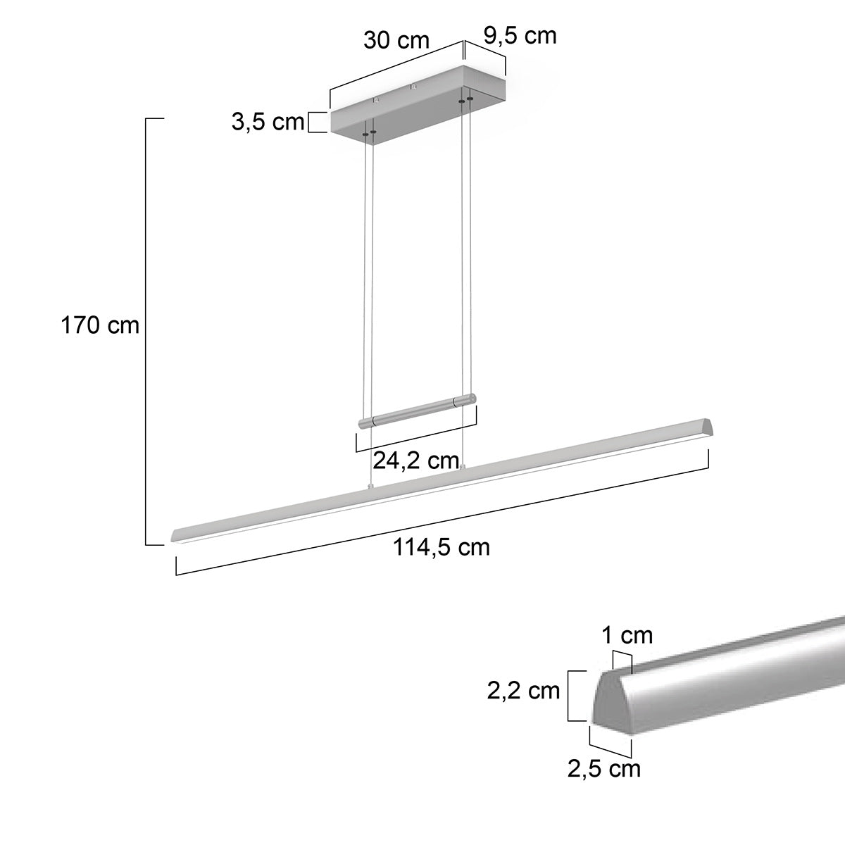 Hanglamp Profilo 3317ST staal 115 cm breed 1700 lumen