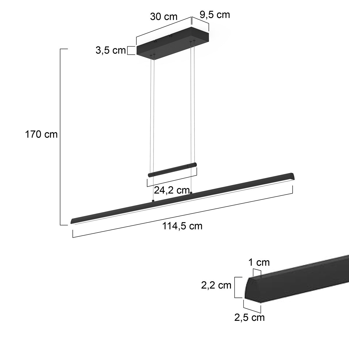 Hanglamp Profilo 3317ZW zwart, 115 cm breed, 1700 lumen