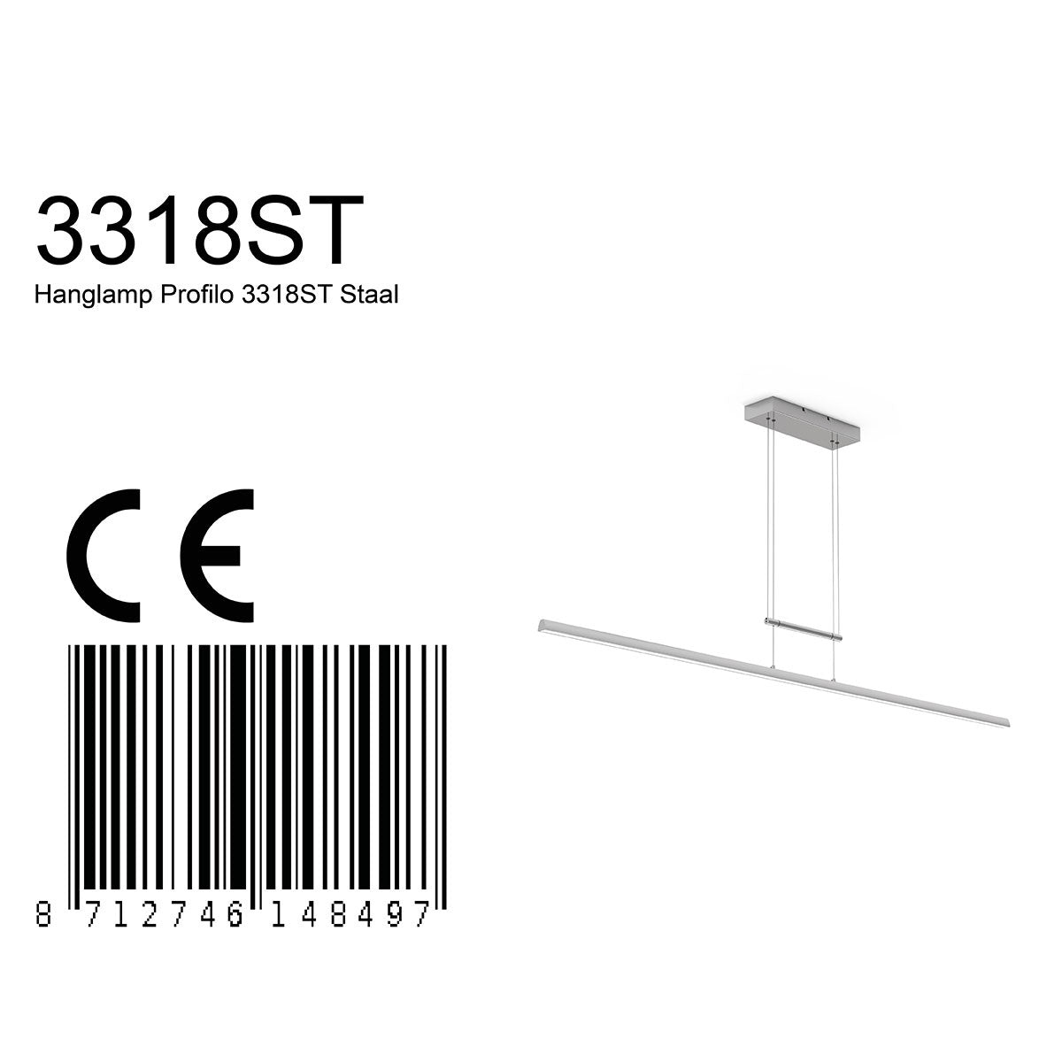 Hanglamp Profilo 3318ST staal 150 cm breed 2100 lumen