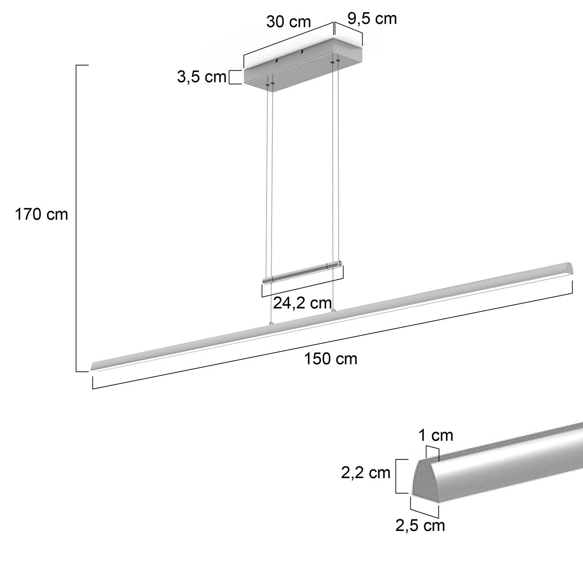 Hanglamp Profilo 3318ST staal 150 cm breed 2100 lumen