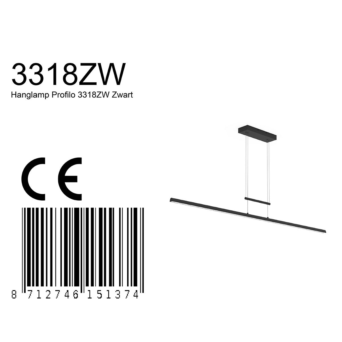 Hanglamp Profilo 3318ZW zwart 150 cm breed 2100 lumen