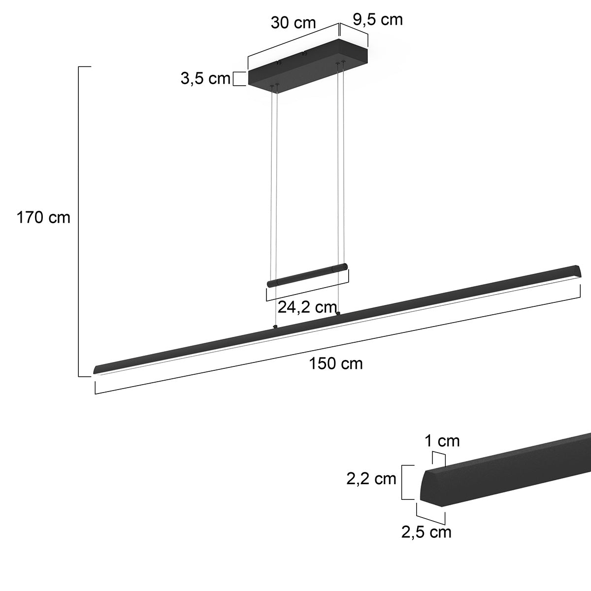 Hanglamp Profilo 3318ZW zwart 150 cm breed 2100 lumen