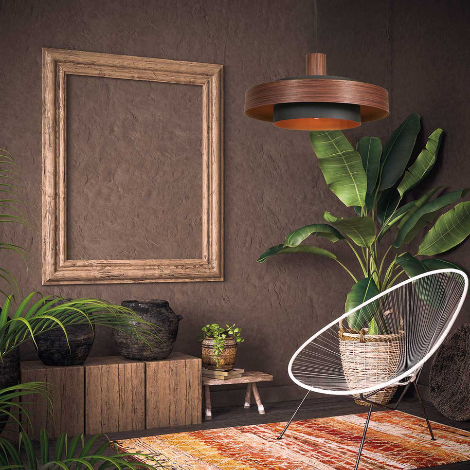 Hanglamp Flinter 3329E Stijlvol Houtmotief met Warme Gouden Binnenkant