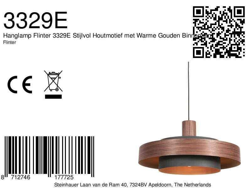 Hanglamp Flinter 3329E Stijlvol Houtmotief met Warme Gouden Binnenkant
