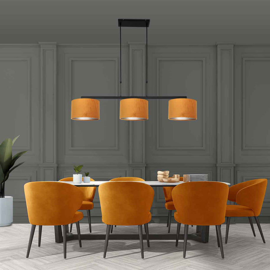 Zwarte 3-lichts hanglamp Stang 3460ZW met goudkleurige velourskappen