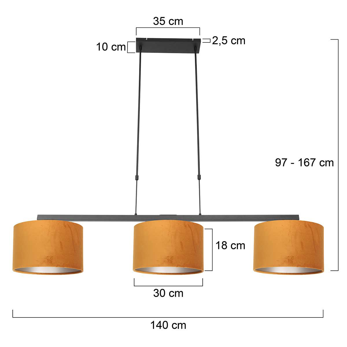 Zwarte 3-lichts hanglamp Stang 3460ZW met goudkleurige velourskappen