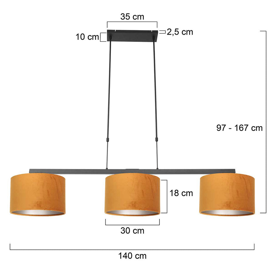 Zwarte 3-lichts hanglamp Stang 3460ZW met goudkleurige velourskappen