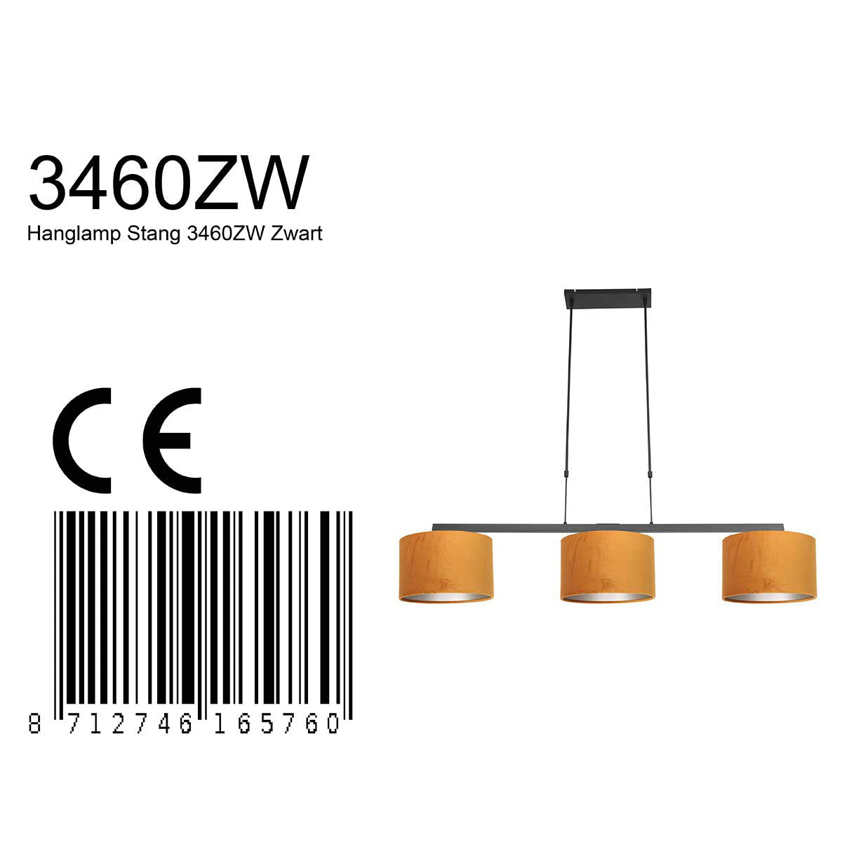 Zwarte 3-lichts hanglamp Stang 3460ZW met goudkleurige velourskappen
