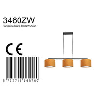 Zwarte 3-lichts hanglamp Stang 3460ZW met goudkleurige velourskappen