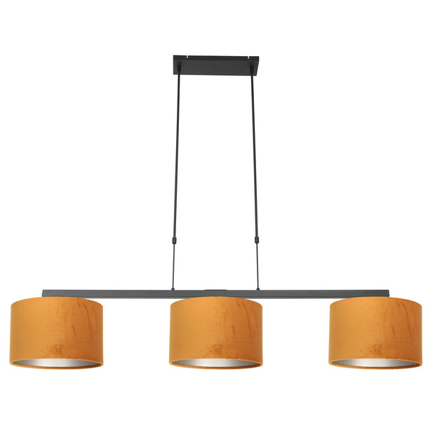 Zwarte 3-lichts hanglamp Stang 3460ZW met goudkleurige velourskappen